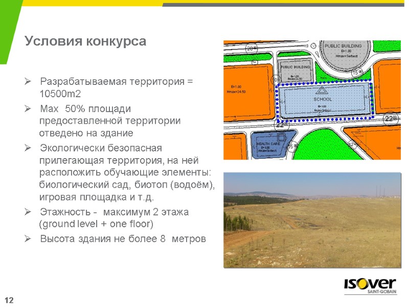 Разрабатываемая территория = 10500m2 Max  50% площади предоставленной территории отведено на здание Экологически